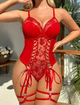 Red Rose Teddy - Embroidery Lace with Delicate Mesh